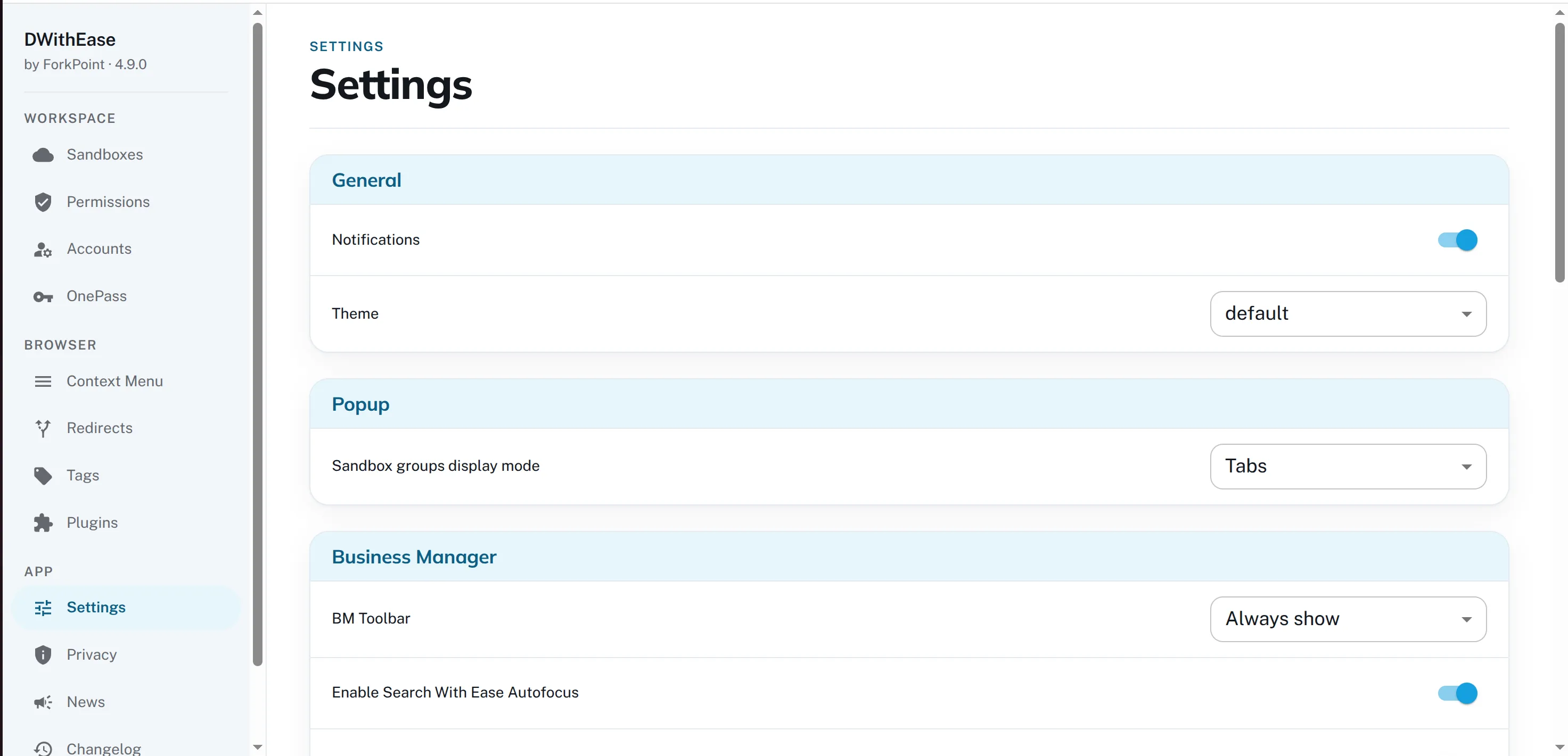 The DWithEase settings page, with General, Popup and Business Manager options grouped into sections.